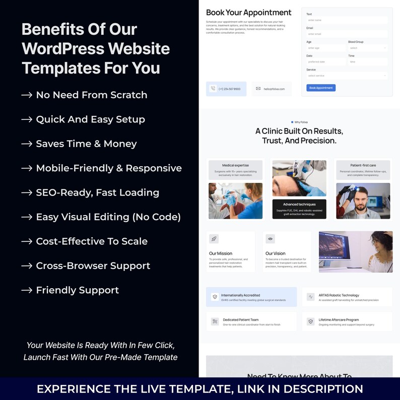 May include: A website template advertisement with the text "Benefits Of Our WordPress Website Templates For You". The ad highlights features like easy setup, mobile-friendliness, and SEO-readiness. A form to book an appointment is also visible.