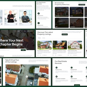 K&ouml;nnte beinhalten: Ein Website-Layout f&uuml;r ein Immobilienunternehmen mit Bereichen f&uuml;r Experten, Immobilienangebote und Dienstleistungen. Das Design umfasst Bilder von H&auml;usern, eine Option f&uuml;r eine virtuelle Tour und den Text "Where Your Next Chapter Begins."