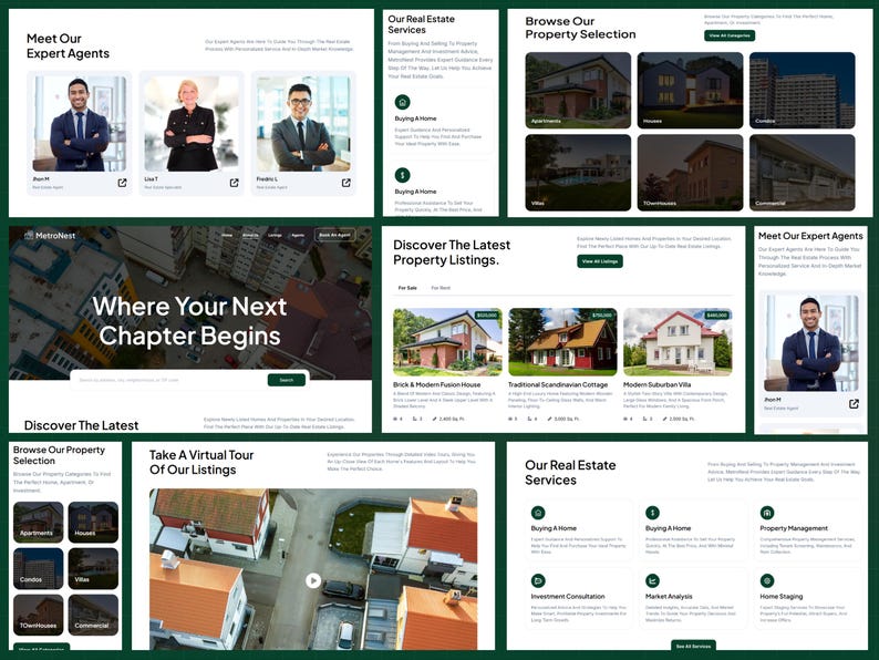 K&ouml;nnte beinhalten: Ein Website-Layout f&uuml;r ein Immobilienunternehmen mit Bereichen f&uuml;r Experten, Immobilienangebote und Dienstleistungen. Das Design umfasst Bilder von H&auml;usern, eine Option f&uuml;r eine virtuelle Tour und den Text "Where Your Next Chapter Begins."