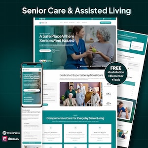 Puede incluir: Diseño de sitio web para servicios de atención a personas mayores y vida asistida. El diseño presenta un teléfono móvil, un sitio web de escritorio y una página secundaria. El sitio web incluye el texto "A Safe Place Where Seniors Feel Valued."