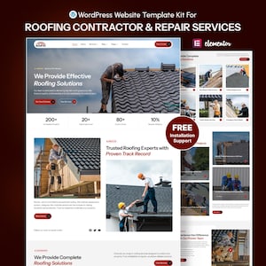 Pode incluir: Kit de modelo de site para serviços de reparação e empreiteiros de telhados. O design apresenta um mockup de site com imagens de telhadores, soluções de telhado e o texto "We Provide Effective Roofing Solutions."