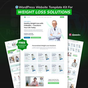 以下が含まれることがあります： 体重減少ソリューション用のWordPress Webサイトテンプレートキット。デザインは、医療専門家と製品例の画像を備えた、緑と白の配色が特徴です。「健康的な体重減少」と「無料インストールが含まれています」というテキストが含まれています。