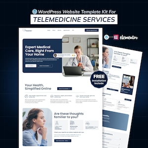 Peut inclure: Kit de modèle de site Web pour les services de télémédecine. Le design présente une palette de couleurs bleue et blanche avec un médecin utilisant un ordinateur portable. Le texte comprend "Expert Medical Care, Right From Your Home".