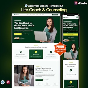 Puede incluir: Kit de plantilla de sitio web para un coach de vida y servicios de asesoramiento. El diseño presenta a una mujer sosteniendo una computadora portátil, con el texto "No tienes que hacer esto solo - Sanemos juntos." Incluye una maqueta de teléfono.
