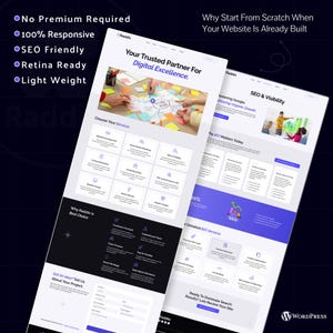 Puede incluir: Dos maquetas de sitios web con el texto "Your Trusted Partner For Digital Excellence" y "SEO & Visibility". Las maquetas muestran servicios de dise&ntilde;o web, incluyendo SEO, marketing de contenidos y desarrollo web. La imagen tambi&eacute;n incluye el texto "No Premium Required" y "100% Responsive".