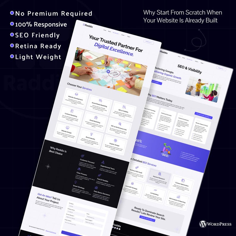Puede incluir: Dos maquetas de sitios web con el texto "Your Trusted Partner For Digital Excellence" y "SEO & Visibility". Las maquetas muestran servicios de dise&ntilde;o web, incluyendo SEO, marketing de contenidos y desarrollo web. La imagen tambi&eacute;n incluye el texto "No Premium Required" y "100% Responsive".