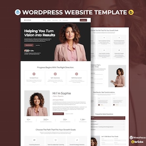 Peut inclure: Modèle de site web WordPress au design professionnel. La maquette présente une mise en page épurée avec des sections pour les services, à propos et les coordonnées. La conception comprend le texte "Helping You Turn Vision into Results" et une photo d'une femme.