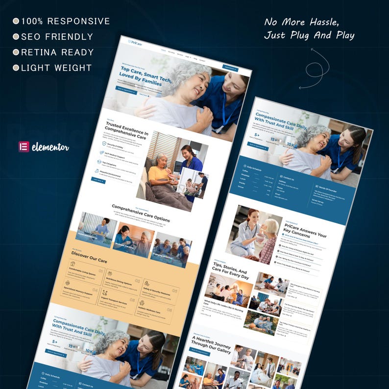 Puede incluir: Dos maquetas de sitios web sobre un fondo azul oscuro. Los sitios web presentan im&aacute;genes de atenci&oacute;n a personas mayores y texto que dice "Top Care, Smart Tech, Loved By Families" y "Compassionate Care Daily With Trust And Skill". El logotipo de Elementor es visible.