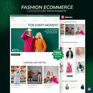 May include: A website template kit for fashion e-commerce. The design features a Vogue-branded website with a green and white color scheme. The main page showcases a couple wearing a pink and orange sweater. Text includes "Exclusive for Every Moment" and "40% Off".