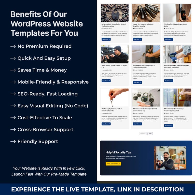 May include: A webpage screenshot showcasing the benefits of WordPress website templates. The text highlights features like easy setup, SEO-readiness, and mobile responsiveness. The page also includes security tips and a call to action to experience the live template.