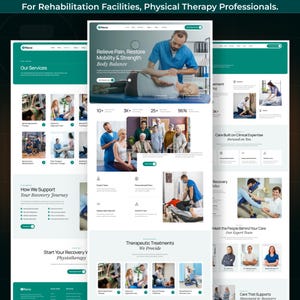 Puede incluir: Dise&ntilde;o web para centros de rehabilitaci&oacute;n y profesionales de fisioterapia. El sitio presenta im&aacute;genes de atenci&oacute;n al paciente, incluyendo terapia de ajuste espinal y rehabilitaci&oacute;n de lesiones deportivas. El tema del sitio es verde azulado y blanco.
