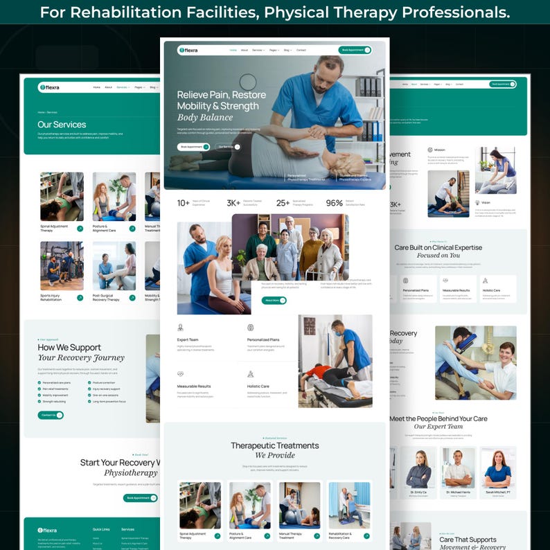 Puede incluir: Dise&ntilde;o web para centros de rehabilitaci&oacute;n y profesionales de fisioterapia. El sitio presenta im&aacute;genes de atenci&oacute;n al paciente, incluyendo terapia de ajuste espinal y rehabilitaci&oacute;n de lesiones deportivas. El tema del sitio es verde azulado y blanco.