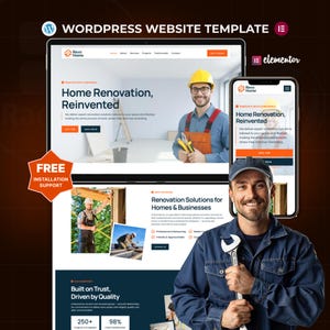 May include: A website template for WordPress, showcasing a home renovation theme. The design is displayed on a laptop and a smartphone, with a handyman holding a wrench. The text includes "Home Renovation, Reinvented" and "Free Installation Support."
