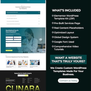 May include: A website design layout with a teal and white color scheme. The design includes sections for common patient questions, medical care inquiries, and a call to action for custom WordPress templates. The text includes "CLINARA".