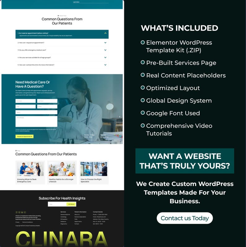 May include: A website design layout with a teal and white color scheme. The design includes sections for common patient questions, medical care inquiries, and a call to action for custom WordPress templates. The text includes "CLINARA".