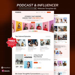 Op de afbeelding: Een website templates kit voor podcasts en influencers. Het ontwerp heeft een overzichtelijke lay-out met secties voor topafleveringen, gast-highlights en een call-to-action. De tekst bevat "Stories That Inspire. Voices That Stay With You."