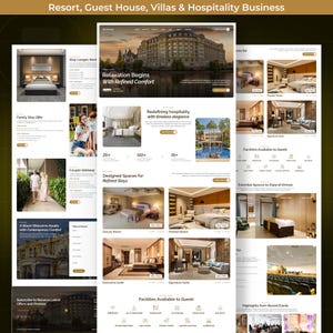 May include: A website layout for a resort, guest house, and hospitality business. The design features images of hotel rooms, a pool, and couples. Text includes "Relaxation Begins With Refined Comfort" and "Designed Spaces for Refined Stays."