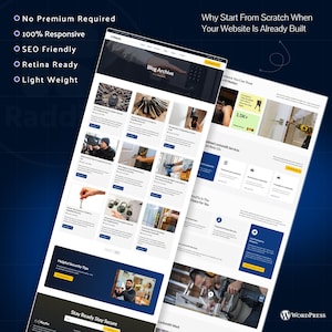 May include: Two website mockups with a dark blue background. The websites feature blog archives, security tips, and locksmith services. Text includes "No Premium Required," "100% Responsive," and "SEO Friendly."