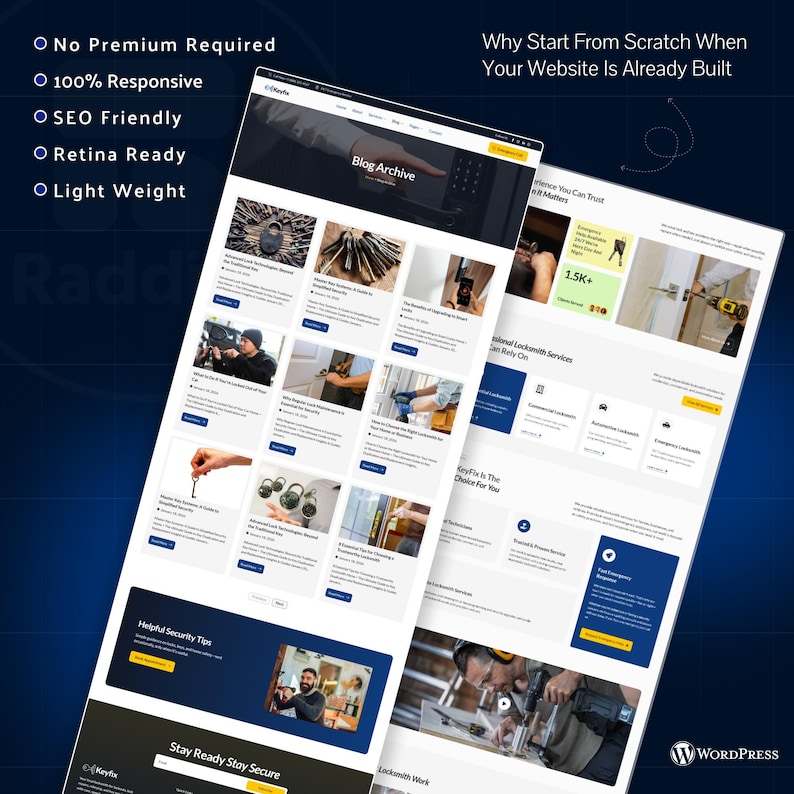 May include: Two website mockups with a dark blue background. The websites feature blog archives, security tips, and locksmith services. Text includes "No Premium Required," "100% Responsive," and "SEO Friendly."