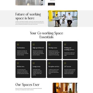 Op de afbeelding: Website-ontwerp voor een co-working space, met de tekst "Co-working Spaces Designed for Productivity". De site toont werkruimtes, voorzieningen en boekingsopties. Bevat afbeeldingen van kantoorruimtes en een call to action.