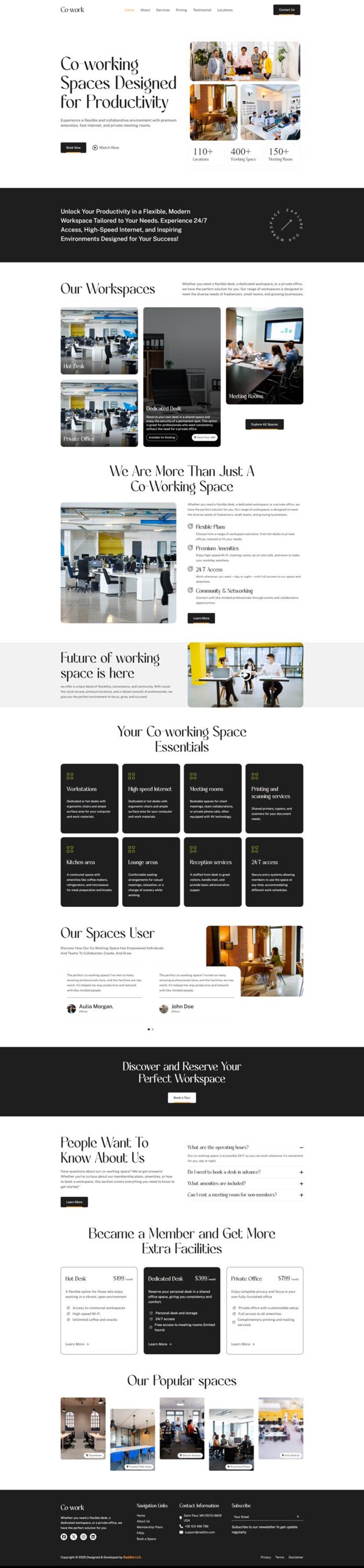 Op de afbeelding: Website-ontwerp voor een co-working space, met de tekst "Co-working Spaces Designed for Productivity". De site toont werkruimtes, voorzieningen en boekingsopties. Bevat afbeeldingen van kantoorruimtes en een call to action.