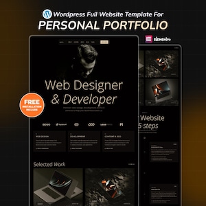Puede incluir: Una plantilla de sitio web oscura para un portafolio personal, con el texto "Web Designer & Developer". El diseño incluye una insignia "FREE INSTALLATION INCLUDE" y muestra servicios de diseño web, desarrollo y contenido y SEO.