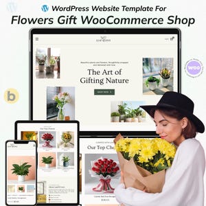 May include: A WordPress website template for a flower gift shop. The image shows a woman holding a bouquet of yellow flowers. The website displays various flower arrangements and the text "The Art of Gifting Nature."