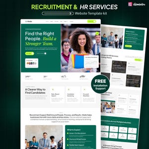 May include: A website template kit for recruitment and HR services titled Hirelix. The layout features green and white sections, text headers like Find the Right People, Build a Stronger Team, and images of professionals in office settings.