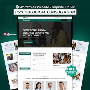 Puede incluir: Kit de plantilla de sitio web de WordPress para consulta psicológica. El diseño presenta una combinación de colores verde y blanco con el texto "EXCEPTIONAL MENTAL WELLNESS EXPERTS AND PSYCHOLOGISTS". La imagen incluye capturas de pantalla de páginas web y el logotipo de Elementor.