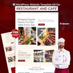 Puede incluir: Un kit de plantilla de sitio web para restaurantes y cafeterías. El diseño incluye un chef, imágenes de comida y maquetas de sitios web. El texto incluye "Bringing Elegant Flavors To Your Table Every Day" y "Happy Hour Deals".
