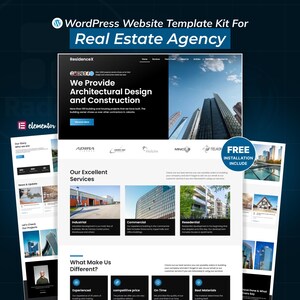 May include: A website template kit for a real estate agency. The design includes a homepage with architectural design and construction services, and a section highlighting excellent services. The template includes a free installation.
