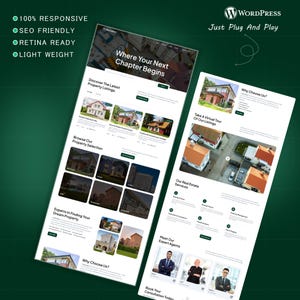 K&ouml;nnte beinhalten: Zwei Website-Mockups auf gr&uuml;nem Hintergrund, die Immobilienangebote und -dienstleistungen pr&auml;sentieren. Text beinhaltet "Where Your Next Chapter Begins", "Discover The Latest Property Listings" und "Just Plug And Play". Das Design ist responsive, SEO-freundlich, Retina-f&auml;hig und leicht.