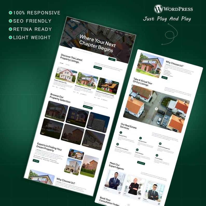 K&ouml;nnte beinhalten: Zwei Website-Mockups auf gr&uuml;nem Hintergrund, die Immobilienangebote und -dienstleistungen pr&auml;sentieren. Text beinhaltet "Where Your Next Chapter Begins", "Discover The Latest Property Listings" und "Just Plug And Play". Das Design ist responsive, SEO-freundlich, Retina-f&auml;hig und leicht.