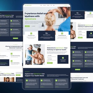 May include: A digital mockup of a website design for SpineCare, featuring a modern layout with a dark blue and white colour scheme. The design includes images of medical professionals and patients, with text emphasising wellness and relief.