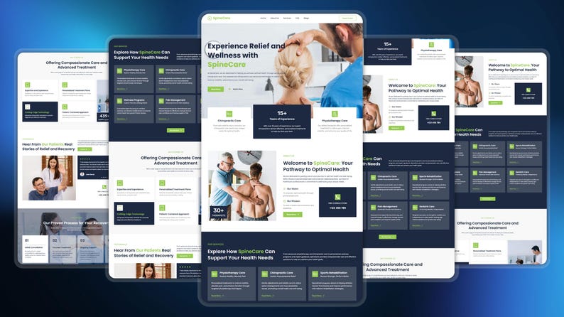 May include: A digital mockup of a website design for SpineCare, featuring a modern layout with a dark blue and white colour scheme. The design includes images of medical professionals and patients, with text emphasising wellness and relief.