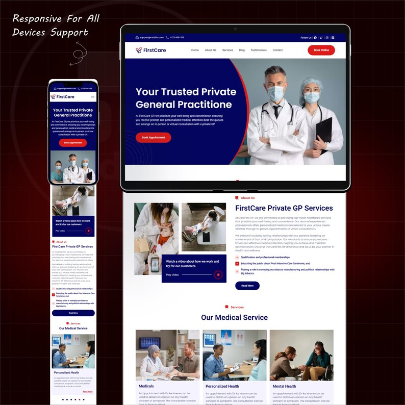 May include: A website design for a private general practitioner, displayed on a tablet and a smartphone. The website features a blue and white color scheme, with images of medical professionals and patients. Text includes "Your Trusted Private General Practitione".