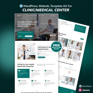 May include: A website template kit for a clinic or medical centre. The design features a teal and white colour scheme with sections for health care, appointments, and medical professionals. The text includes "Decades of Dedicated and Comprehensive Health Care."
