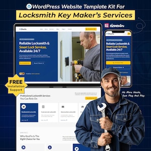 May include: A website template kit for locksmith services. The design includes a tablet and smartphone displaying a website interface with the text "Reliable Locksmith & Smart Lock Services, Available 24/7." A smiling locksmith holds a wrench.