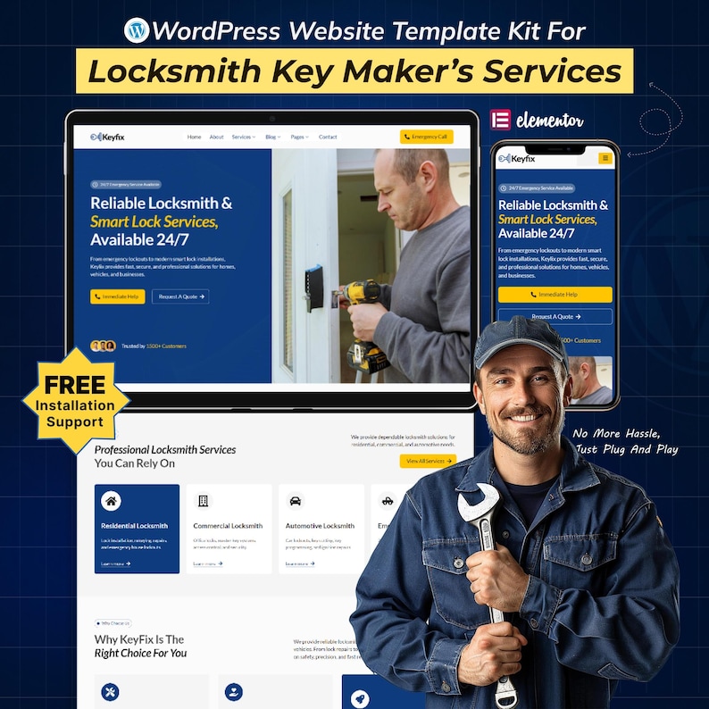 May include: A website template kit for locksmith services. The design includes a tablet and smartphone displaying a website interface with the text "Reliable Locksmith & Smart Lock Services, Available 24/7." A smiling locksmith holds a wrench.