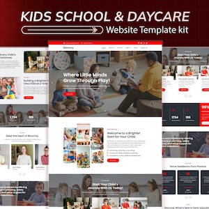 Puede incluir: Un kit de plantillas de sitios web para escuelas infantiles y guarder&iacute;as. El dise&ntilde;o presenta una combinaci&oacute;n de colores rojo y blanco con im&aacute;genes de ni&ntilde;os y adultos. El texto incluye "Kids School & Daycare" y "Website Template kit".