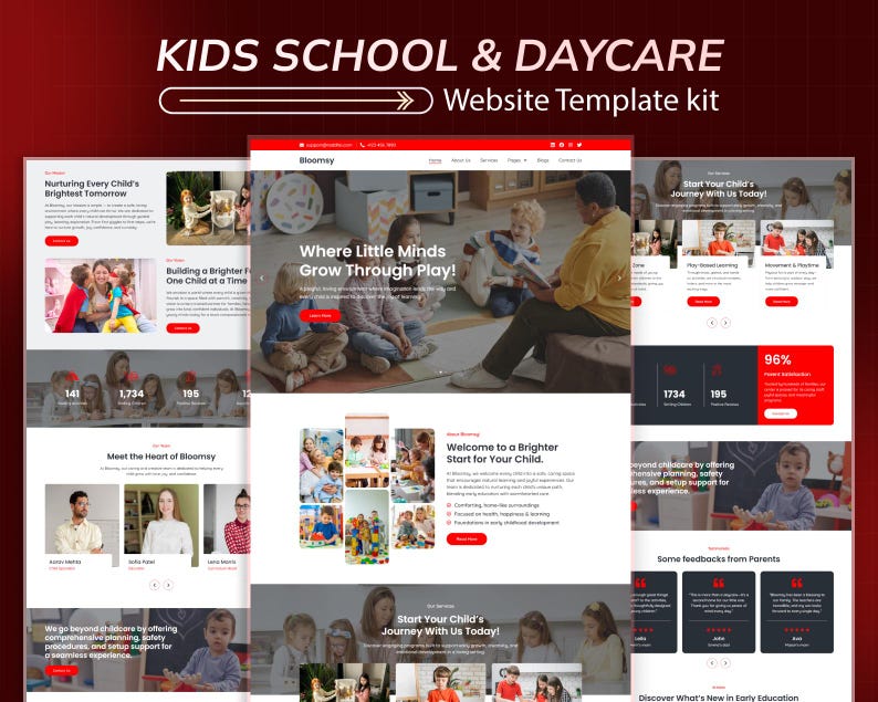 Puede incluir: Un kit de plantillas de sitios web para escuelas infantiles y guarder&iacute;as. El dise&ntilde;o presenta una combinaci&oacute;n de colores rojo y blanco con im&aacute;genes de ni&ntilde;os y adultos. El texto incluye "Kids School & Daycare" y "Website Template kit".