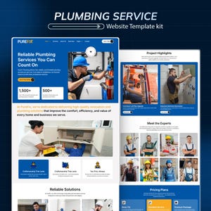 Peut inclure: Un kit de modèle de site web pour les services de plomberie. Le design est bleu et blanc, avec des images de plombiers au travail. Le modèle comprend des sections pour les services, les points forts des projets et les plans tarifaires. Le texte indique "Services de plomberie fiables sur lesquels vous pouvez compter".