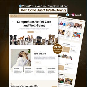 Pode incluir: Um kit de modelo de site para cuidados e bem-estar de animais de estimação, com um design limpo e imagens de vários animais de estimação. O design inclui seções para serviços veterinários, notícias e postagens de blog. O texto inclui "Comprehensive Pet Care and Well-Being".