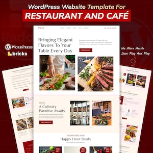 Puede incluir: Una plantilla de sitio web para restaurantes y cafés. El diseño presenta un diseño limpio con imágenes de comida, interiores de restaurantes y texto como "Bringing Elegant Flavors To Your Table Every Day" y "Happy Hour Deals."