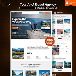 May include: A website template kit for a tour and travel agency. The design features a homepage with the text "Explore the World Your Way" and a section to find the right trip. The design includes images of travel destinations and a call to action for free installation support.