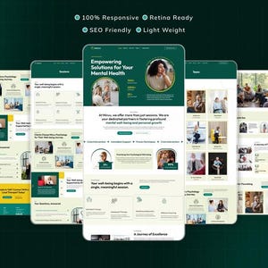 May include: A digital mockup of a website design, showcasing a clean, modern layout with a green and white color scheme. The design emphasizes mental health solutions, with the text "Empowering Solutions for Your Mental Health". The design is labeled as "100% Responsive" and "SEO Friendly".