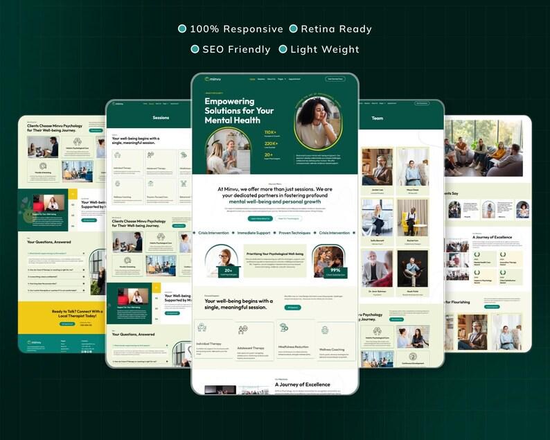May include: A digital mockup of a website design, showcasing a clean, modern layout with a green and white color scheme. The design emphasizes mental health solutions, with the text "Empowering Solutions for Your Mental Health". The design is labeled as "100% Responsive" and "SEO Friendly".