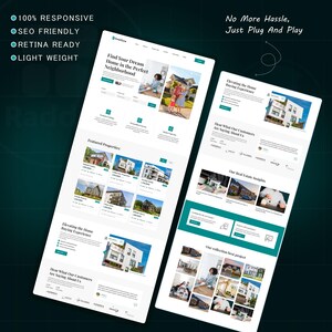 May include: Two website mockups with a teal and white color scheme. The first mockup displays the text "Find Your Dream Home in the Perfect Neighborhood." The second mockup displays the text "No More Hassle, Just Plug And Play."
