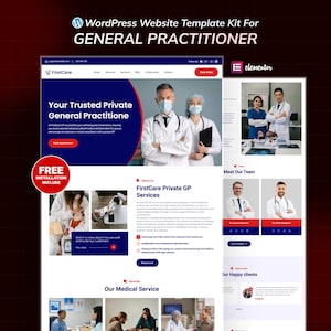 Peut inclure: Un modèle de site web pour un médecin généraliste, avec un design moderne en bleu et blanc. Le modèle comprend des sections pour les services, les membres de l'équipe et les témoignages de clients. Le texte "Your Trusted Private General Practitione" est affiché.