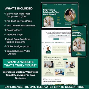 May include: A digital mockup showcasing a website design for mental health services, displayed on a tablet and smartphone. The design features a green and white color scheme with the text "Empowering Solutions for Your Mental Health". The image also lists website features.